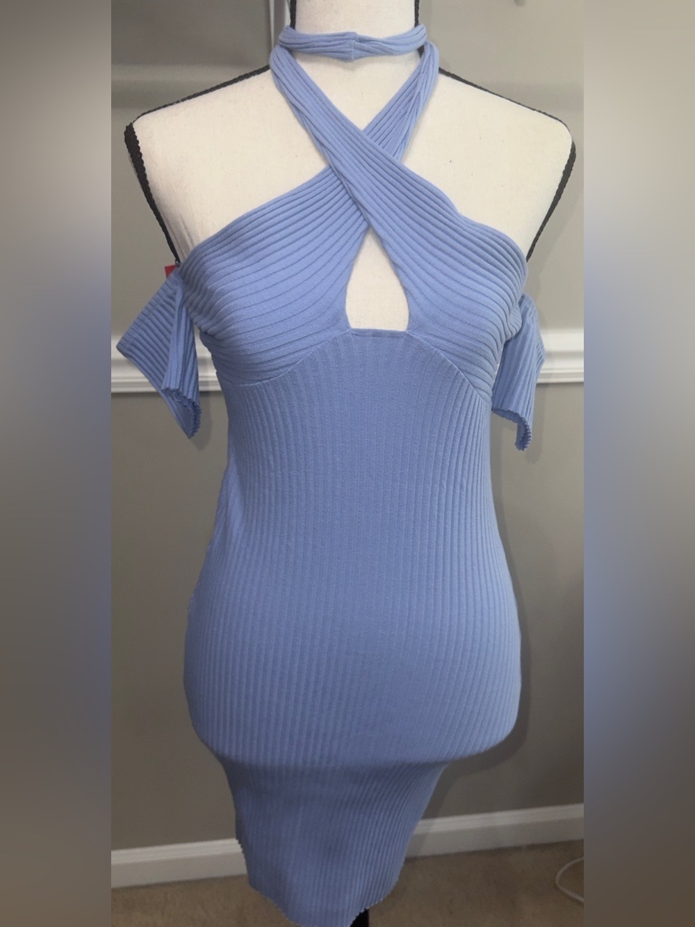 Zara Sky Blue Ribbed One-Shoulder Cross-Neck Bodycon Dress Small - Picture 3 of 7